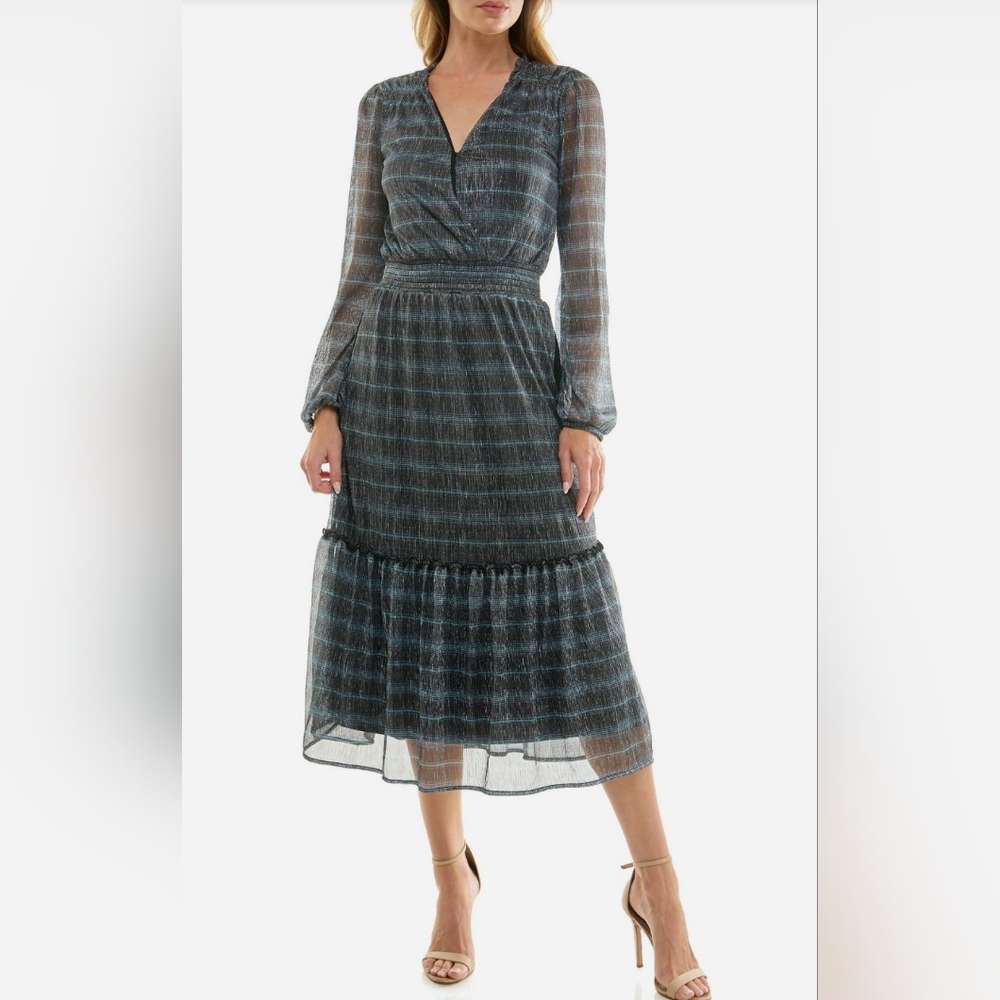 Socialite Sheer Navy Plaid Midi Dress
